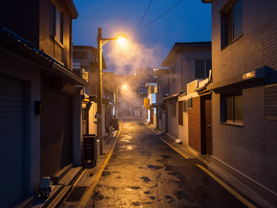 Busan South Korea Predawn Street Scene with Steam Haze and Enamel Pitcher in in Busan, South Korea