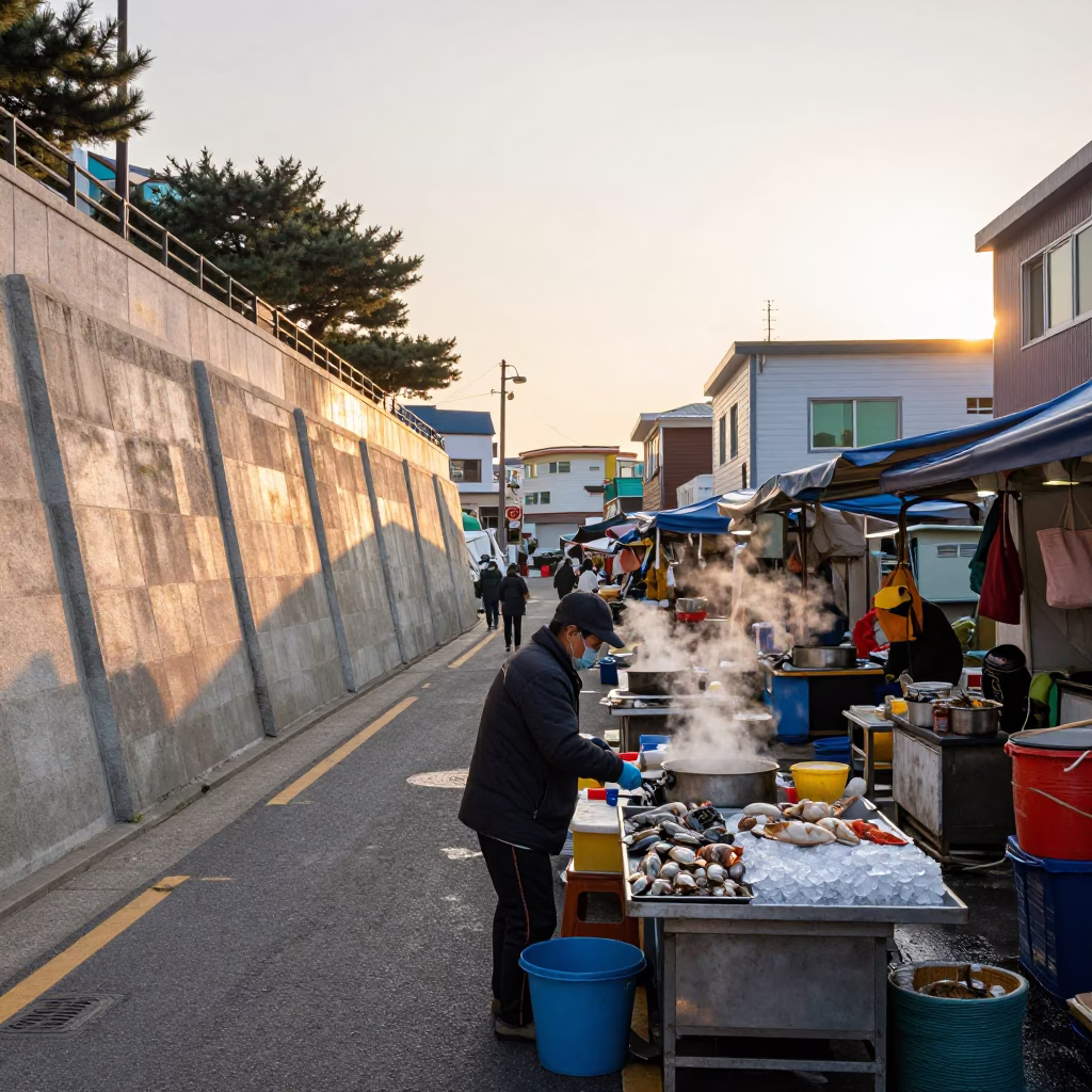 Busan South Korea Street Scene After Sunrise With Local Market Activity in in Busan, South Korea
