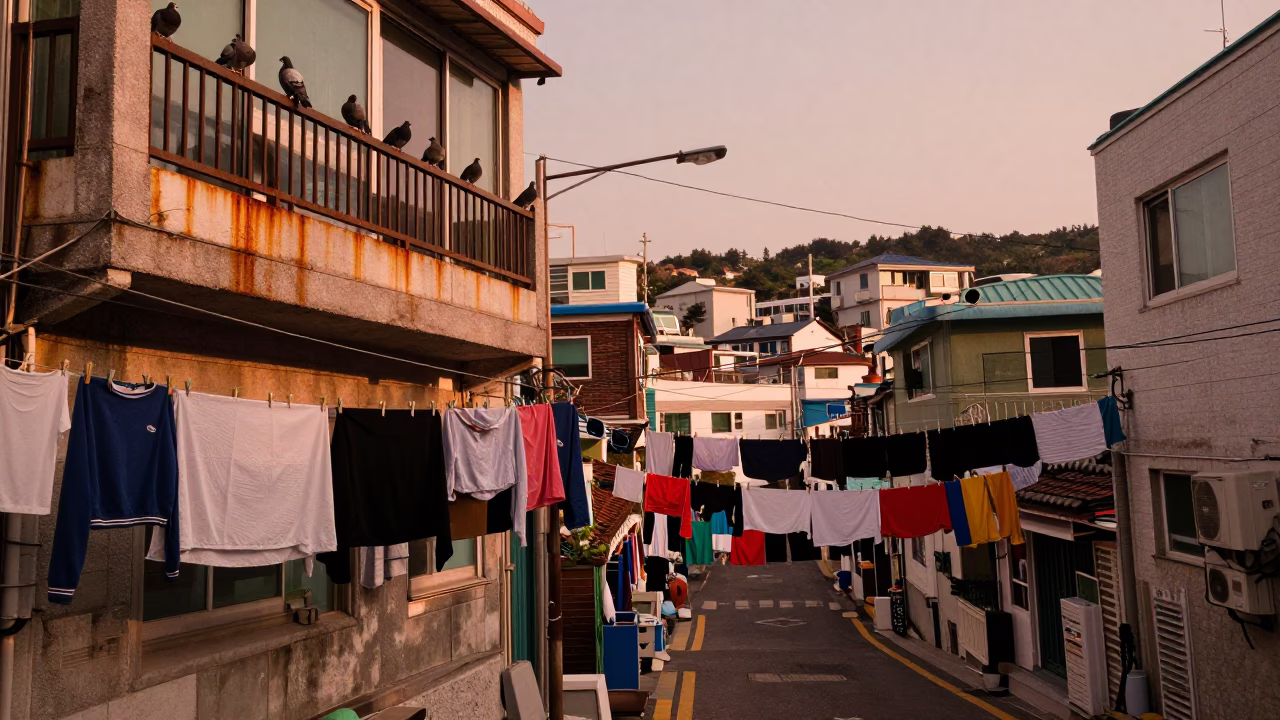 Busan South Korea Street Scene Before Dusk with Laundry and Urban Life in in Busan, South Korea
