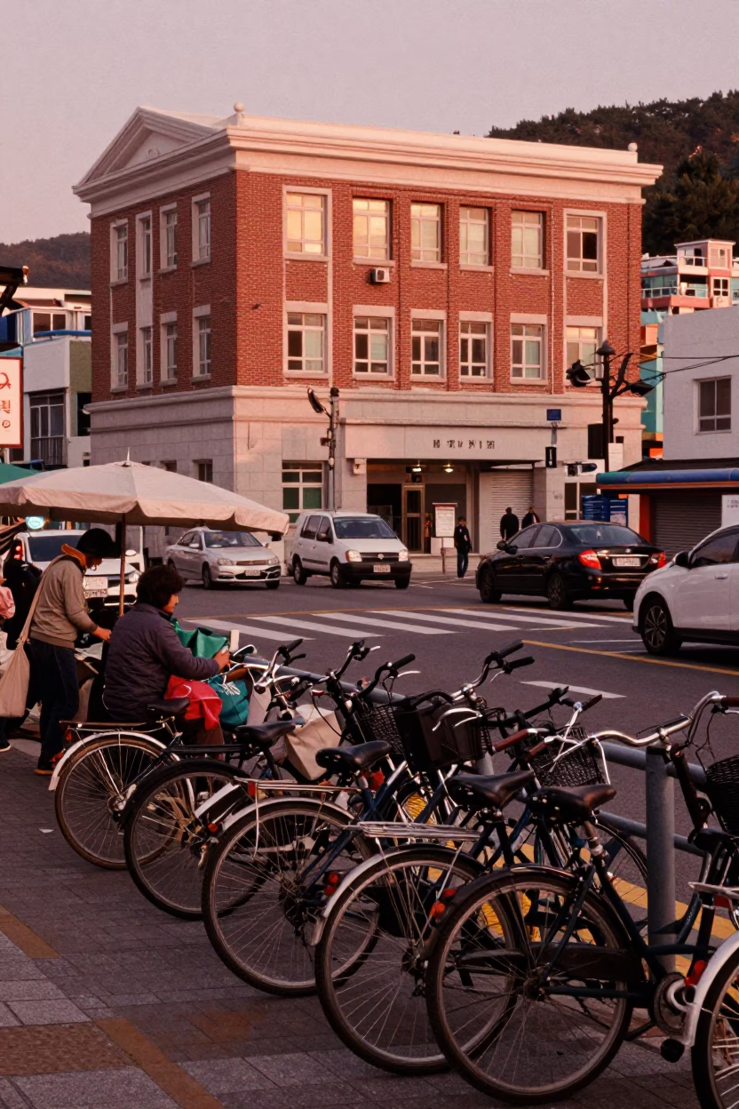 Busan South Korea street scene before dusk with local market vendor and bicycles in in Busan, South Korea