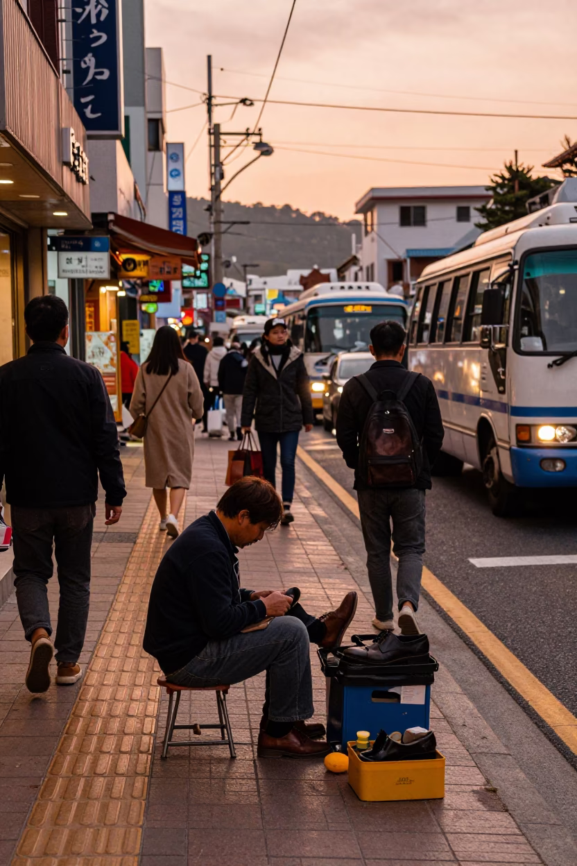 Busan South Korea Street Scene Before Dusk with Shoe Shiner and Local Commerce in in Busan, South Korea