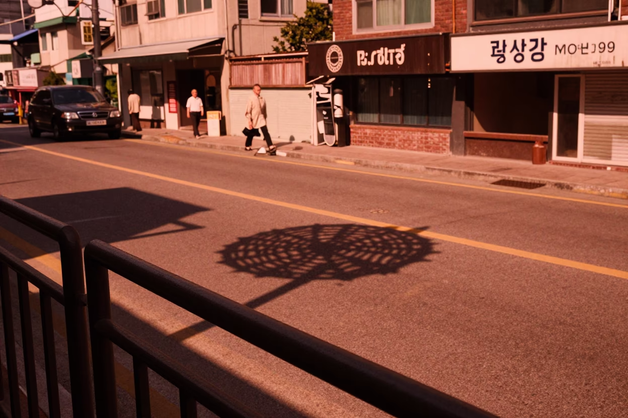 Busan South Korea street scene copper dusk light wicker shadow on rail in in Busan, South Korea