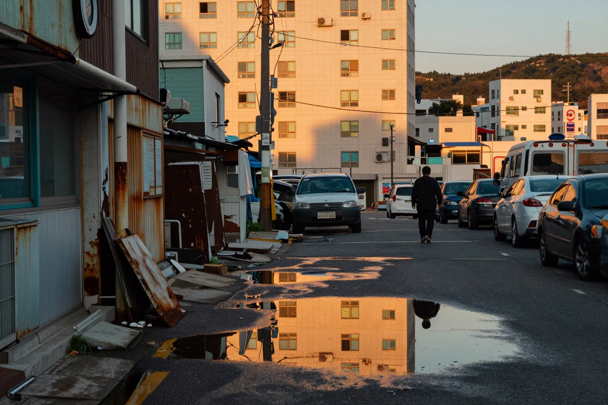 Busan South Korea Street Scene Golden Hour Reflections and Urban Decay in in Busan, South Korea