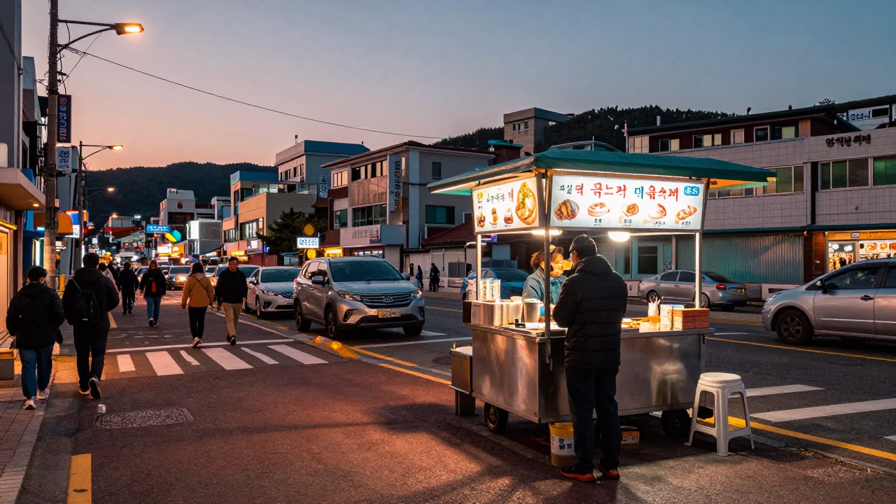 Busan South Korea Street Scene in Copper Toned Dusk Light with Local Vendors in in Busan, South Korea
