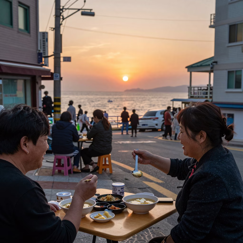 Busan South Korea street scene with locals enjoying meal at sunset in in Busan, South Korea