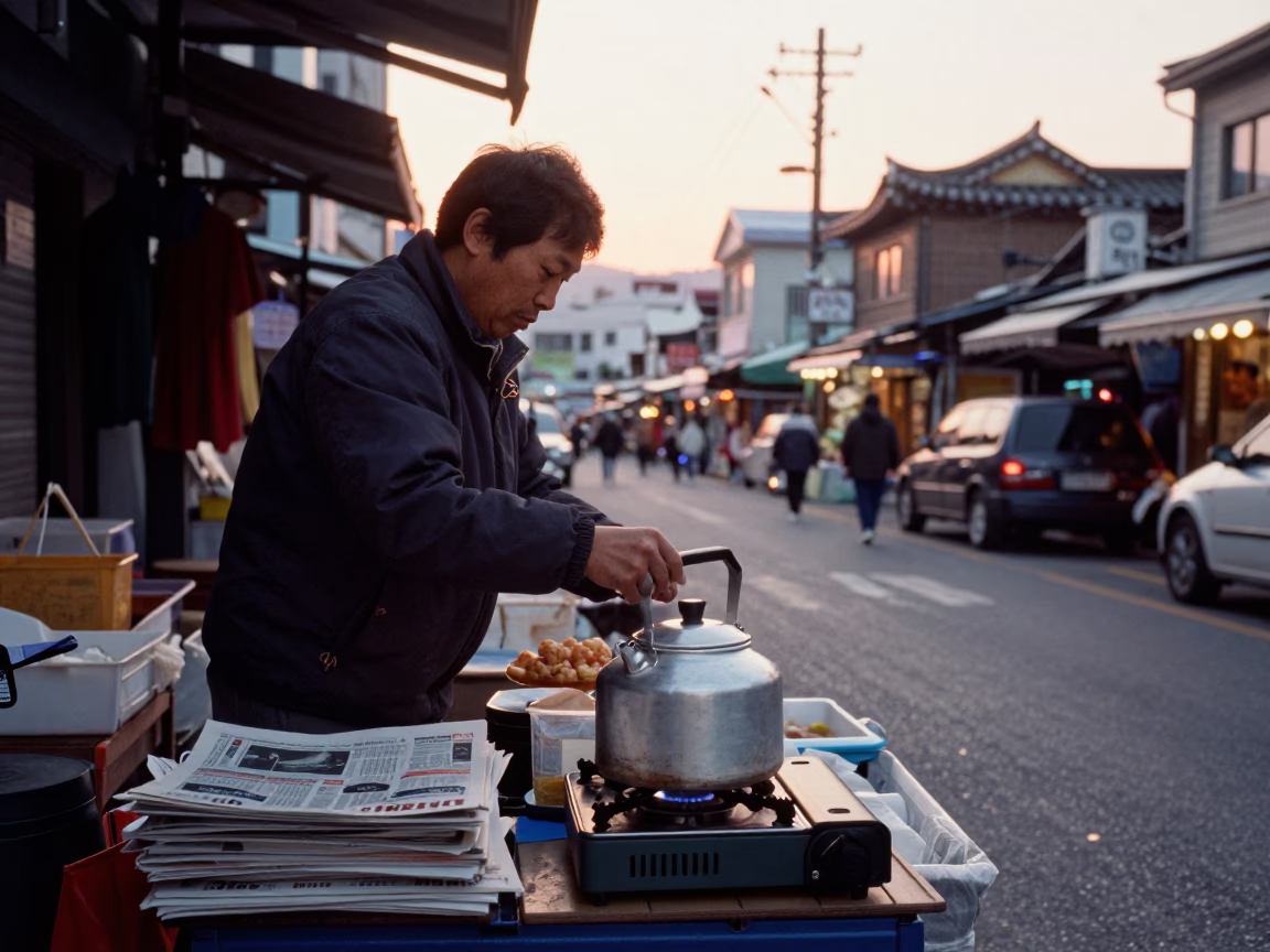 Busan South Korea street vendor at dawn with kettle and newspaper stack in in Busan, South Korea