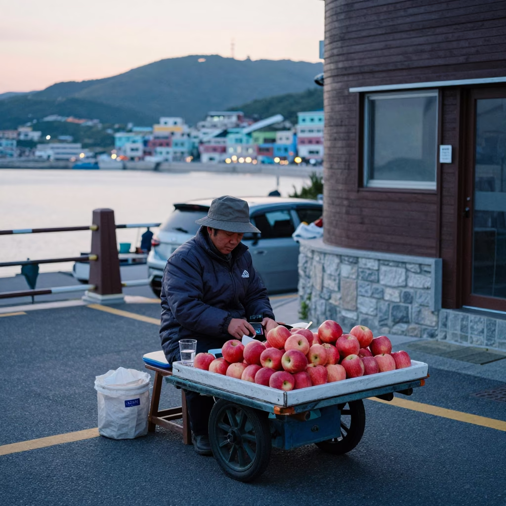Busan South Korea Street Vendor Before Sunrise with Apples and Glass Kettle Lid in in Busan, South Korea