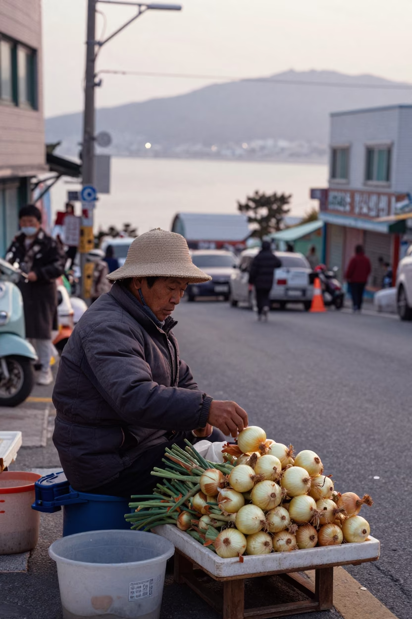 Busan South Korea Street Vendor Selling Fresh Onions at First Light in in Busan, South Korea