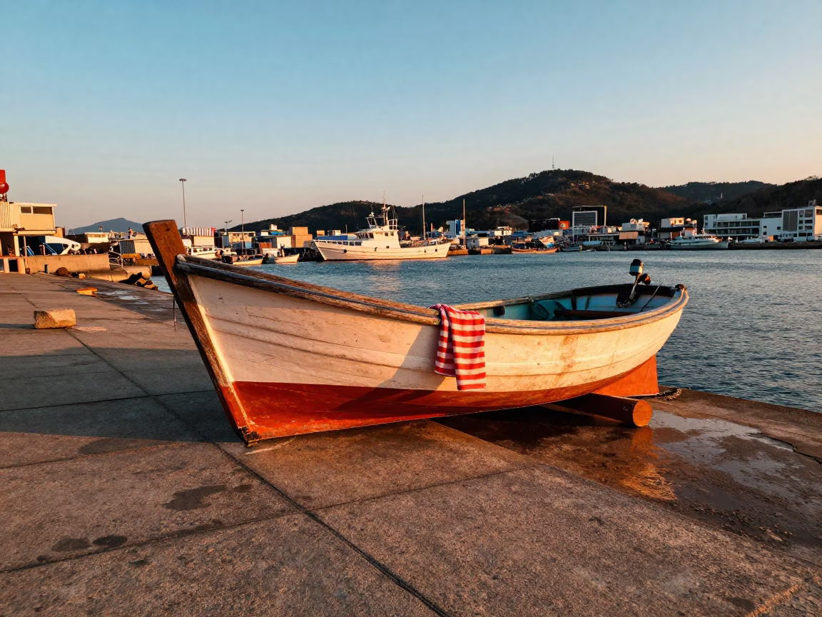 Busan South Korea Sunset Harbor with Wooden Fishing Boat and Striped Towel in in Busan, South Korea