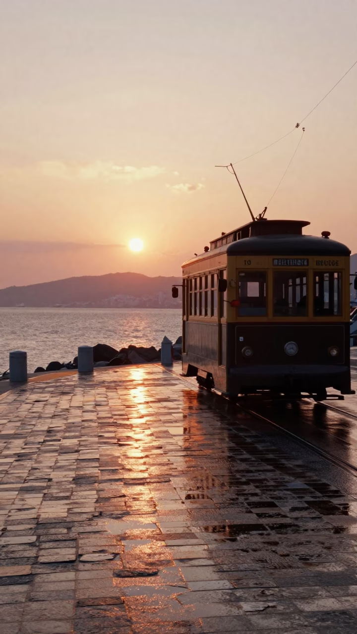 Busan South Korea Sunset Heritage Tram Reflection on Wet Cobblestones Coastal Promenade in in Busan, South Korea