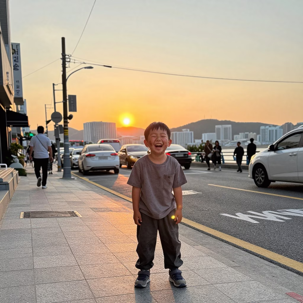 Busan South Korea Sunset Street Scene with Boy Laughing and Cable Car in Background in in Busan, South Korea