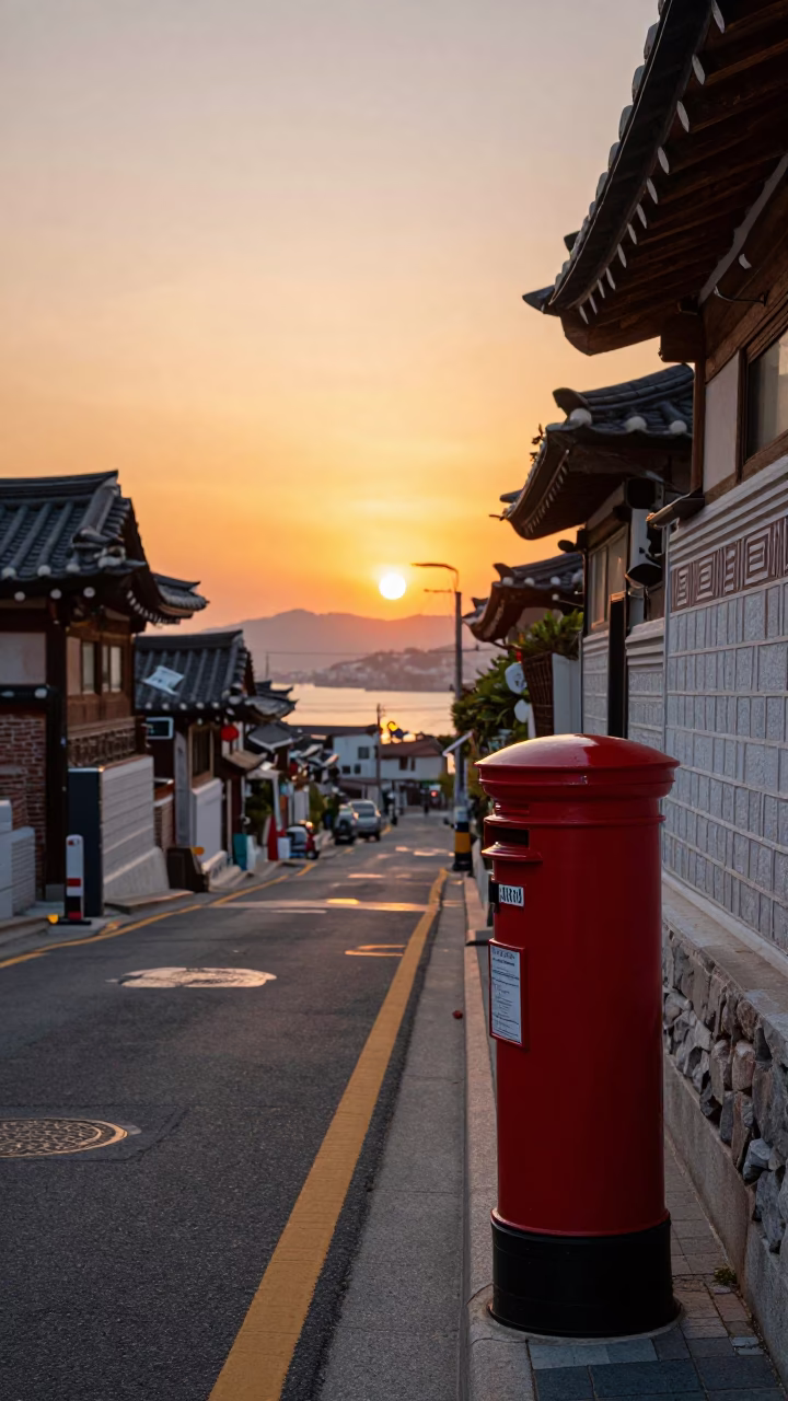 Busan South Korea Sunset Street Scene with Red Mailbox and Urban Life in in Busan, South Korea