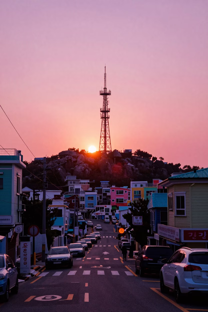Busan South Korea Sunset Street Scene with Telecommunication Mast and Colorful Urban Life in in Busan, South Korea