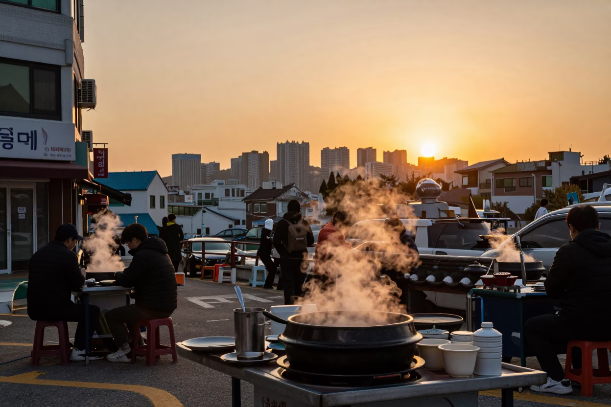 Busan South Korea Sunset Street Scene with Traditional Korean Food and Urban Life in in Busan, South Korea