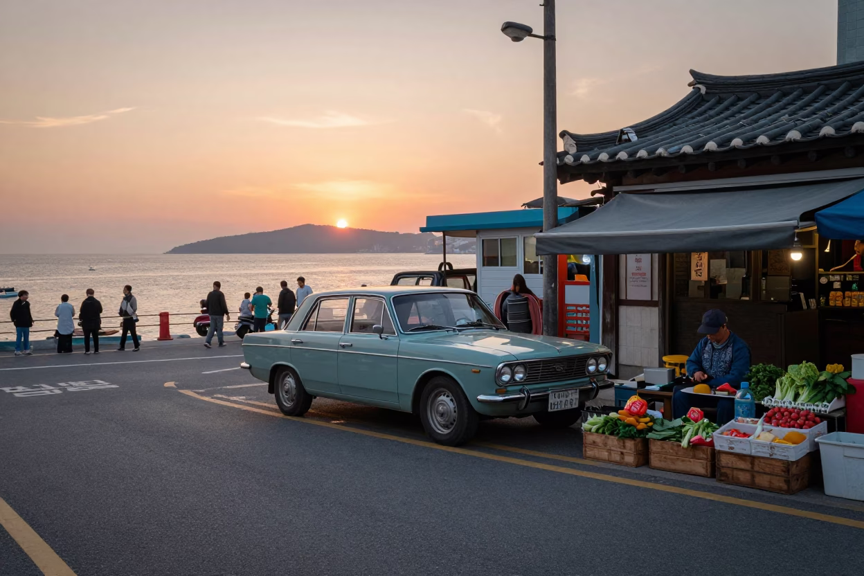 Busan South Korea Sunset Street Scene with Vintage Car and Local Vendor in in Busan, South Korea