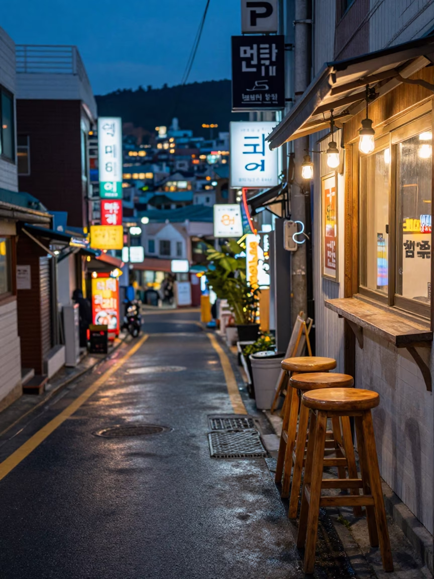 Busan South Korea Twilight Street Scene with Bar Stools and Urban Life in in Busan, South Korea