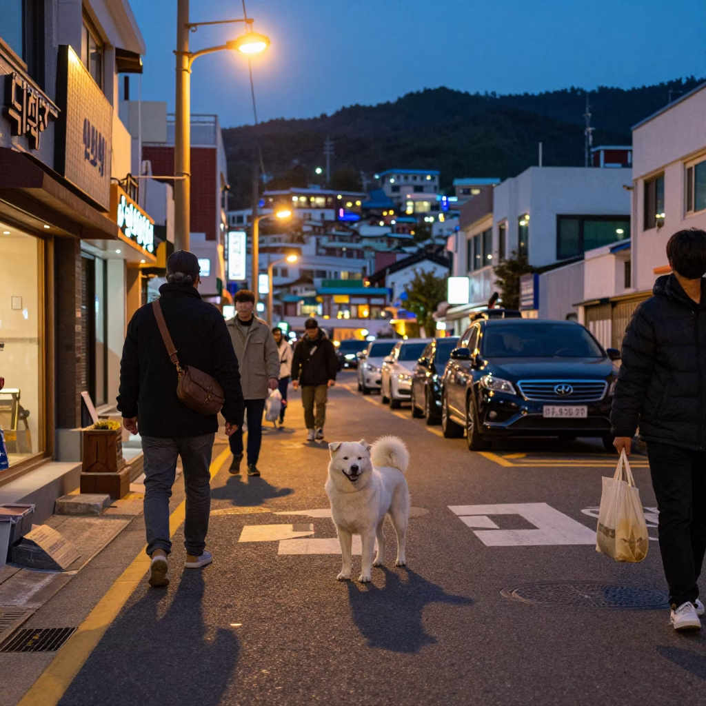 Busan South Korea Twilight Street Scene with White Dog and Local Vendors in in Busan, South Korea