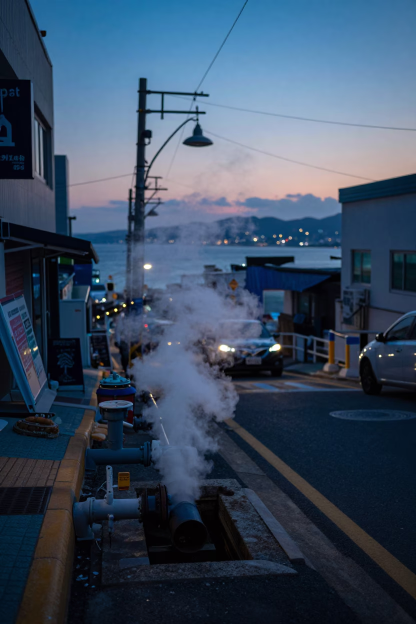 Busan Street at Indigo Twilight Steam Rising from District Heating Trench Amidst Autumn Leaves in in Busan, South Korea