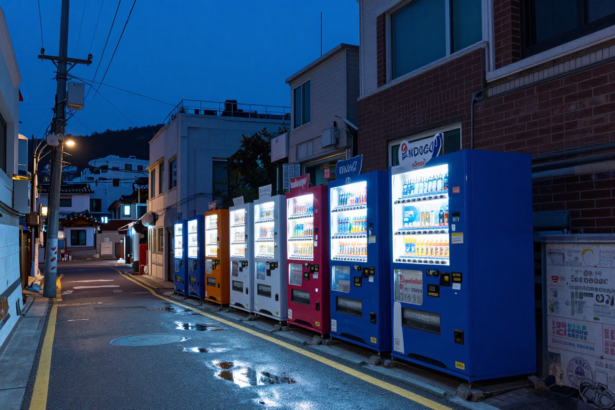 Busan Street at Indigo Twilight with Colorful Vending Machines and Bicycle Basket in in Busan, South Korea