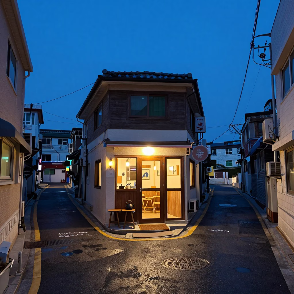 Busan Street Cafe Blue Hour with Doormat and Kettle in in Busan, South Korea