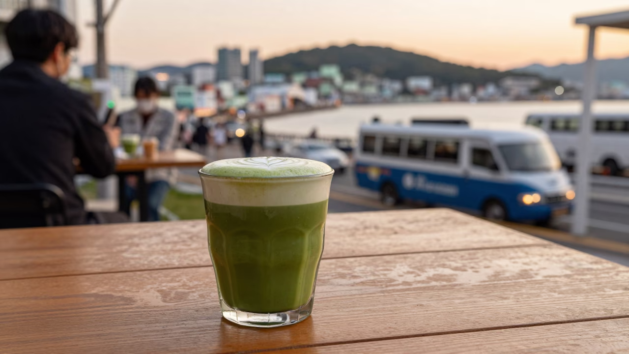 Busan Street Cafe Evening with Matcha Latte and City View in in Busan, South Korea
