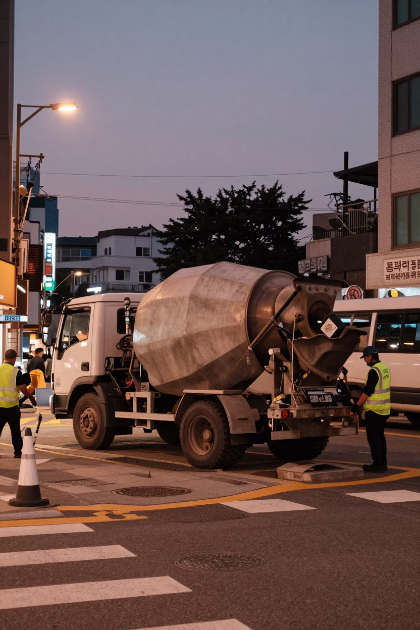 Busan Street Corner at Dusk with Cement Mixer and Camellia Bush in in Busan, South Korea