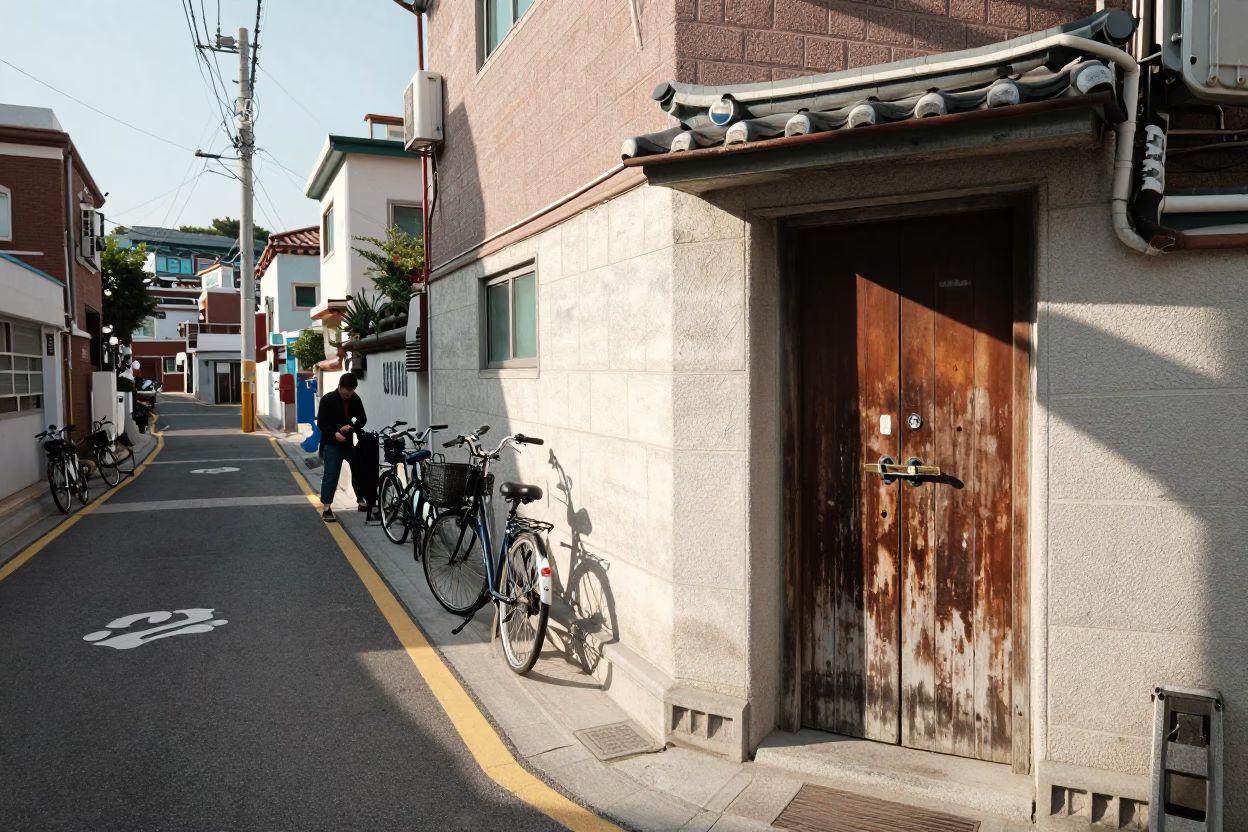 Busan Street Corner Early Afternoon Life with Door Latch Detail in in Busan, South Korea