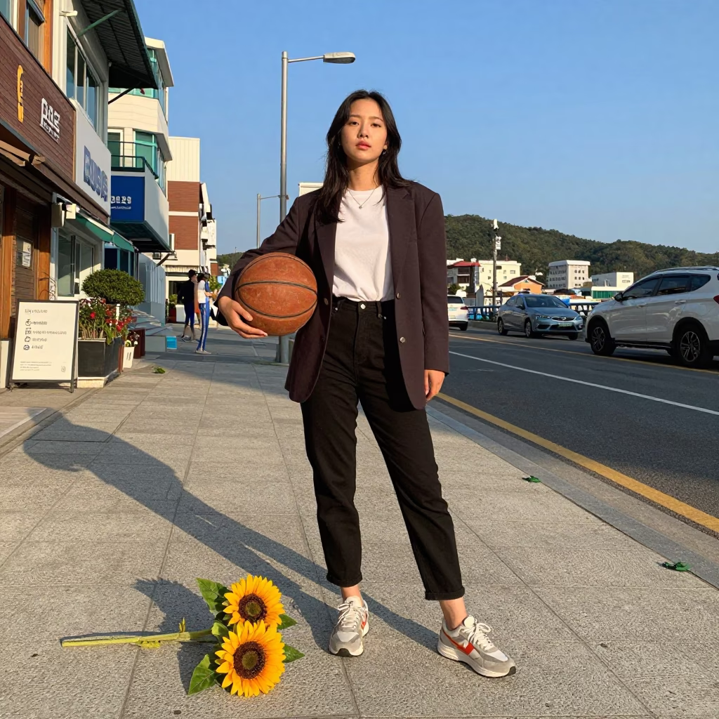 Busan Street Fashion Portrait with Leather Basketball and Sunflowers in Late Afternoon Light in in Busan, South Korea