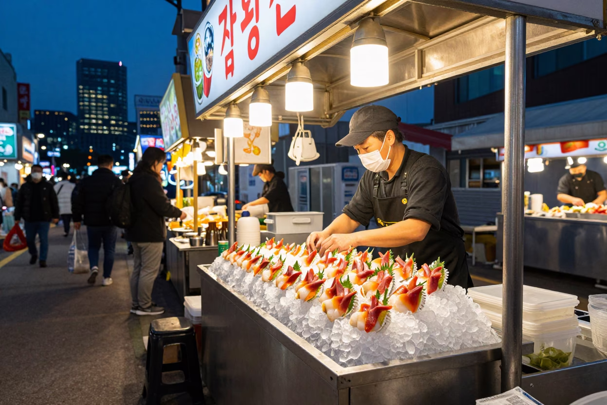 Busan Street Food Stall at Dusk with Fresh Sashimi and Espresso Cup in in Busan, South Korea