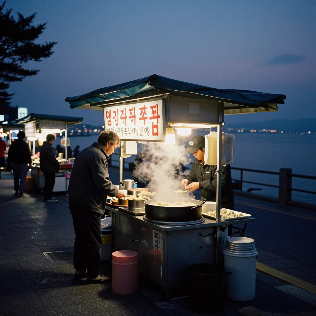 Busan Street Food Stall at Twilight with Dumplings and Charcoal Grilling in in Busan, South Korea