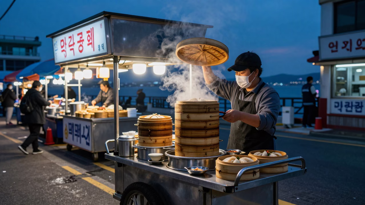 Busan Street Food Stall Indigo Twilight Dim Sum Bamboo Steamers in in Busan, South Korea