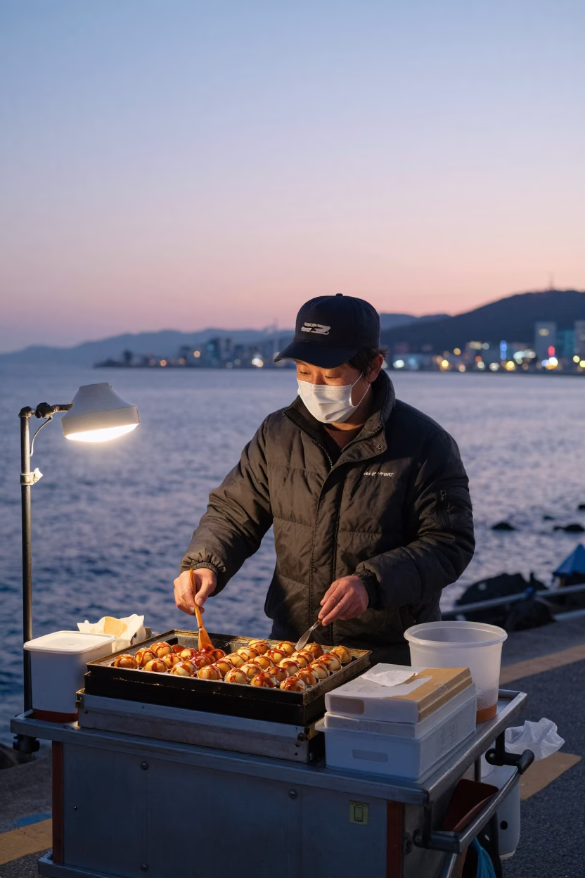 Busan street food vendor at nautical dawn with takoyaki and chili peppers in in Busan, South Korea