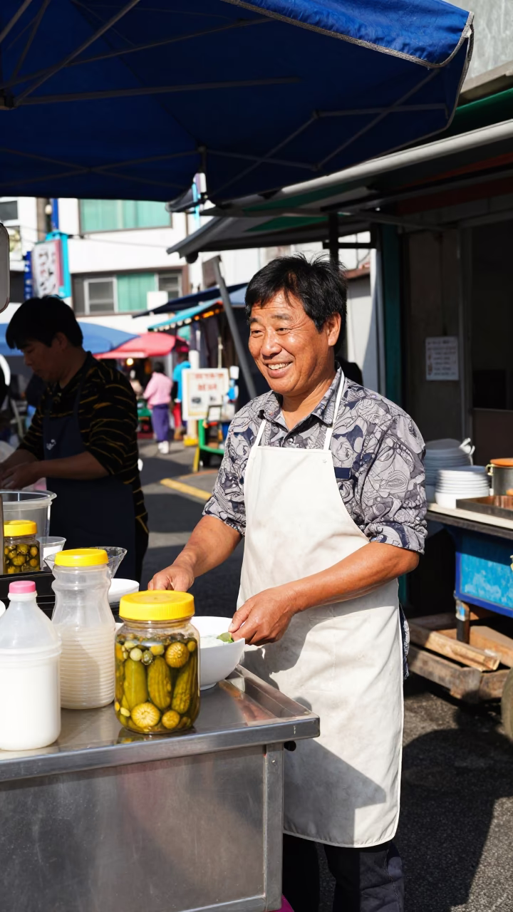 Busan Street Food Vendor Midday Smile with Pickle Jar and File Box in in Busan, South Korea