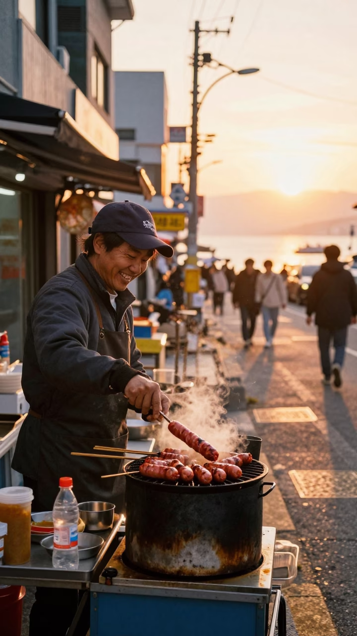 Busan Street Food Vendor Selling Grilled Sausages at Golden Hour in in Busan, South Korea