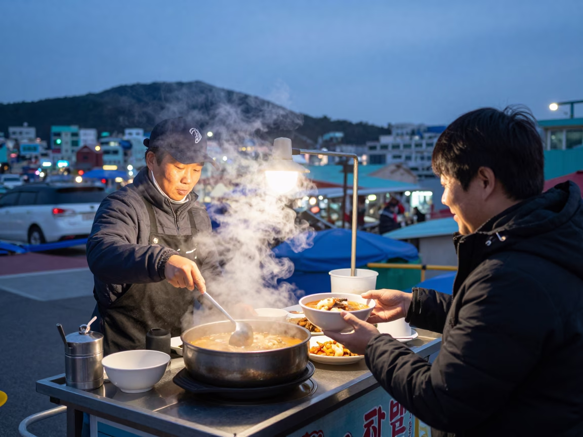 Busan Street Food Vendor Serving Encebollado Fish Soup at Twilight in in Busan, South Korea