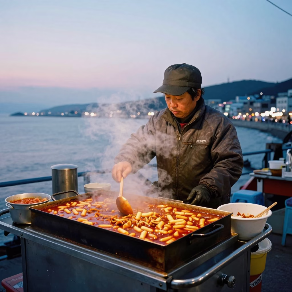 Busan Street Food Vendor Serving Hot Ddeokbokki in Copper Toned Dusk Light in in Busan, South Korea
