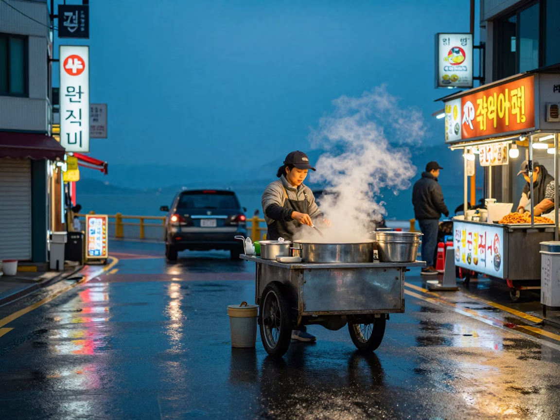 Busan Street Food Vendor Serving Japchae at Blue Hour with Neon Reflections in in Busan, South Korea