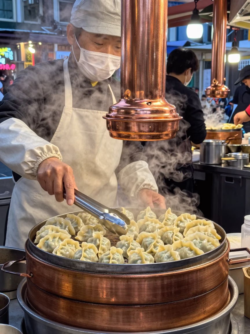Busan Street Food Vendor Serving Mandu Dumplings in Copper Dusk Light in in Busan, South Korea