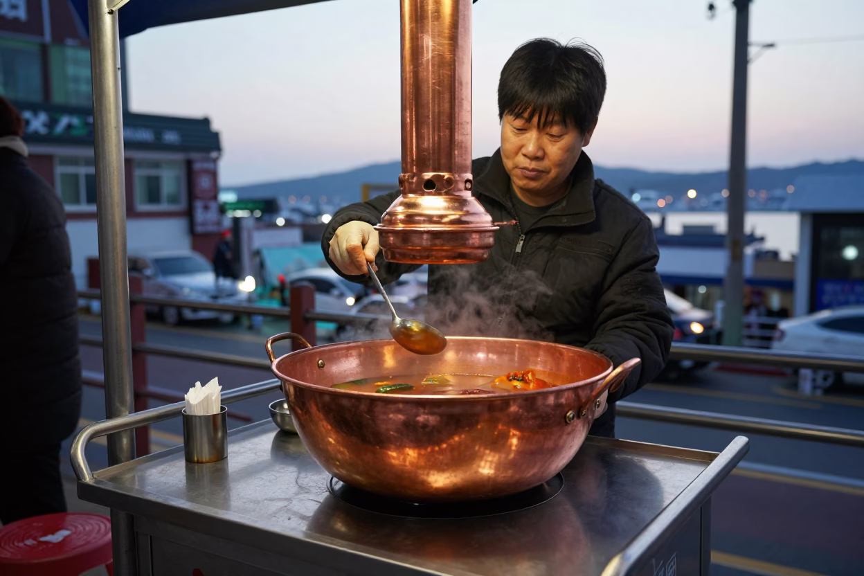 Busan Street Food Vendor Serving Pepper Soup in Copper Dusk Light in in Busan, South Korea