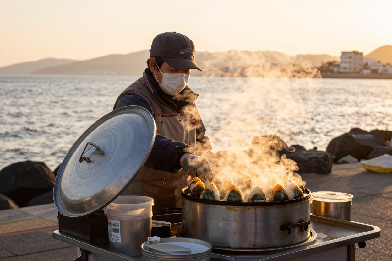 Busan Street Food Vendor Steaming Onigiri in Golden Evening Light in in Busan, South Korea