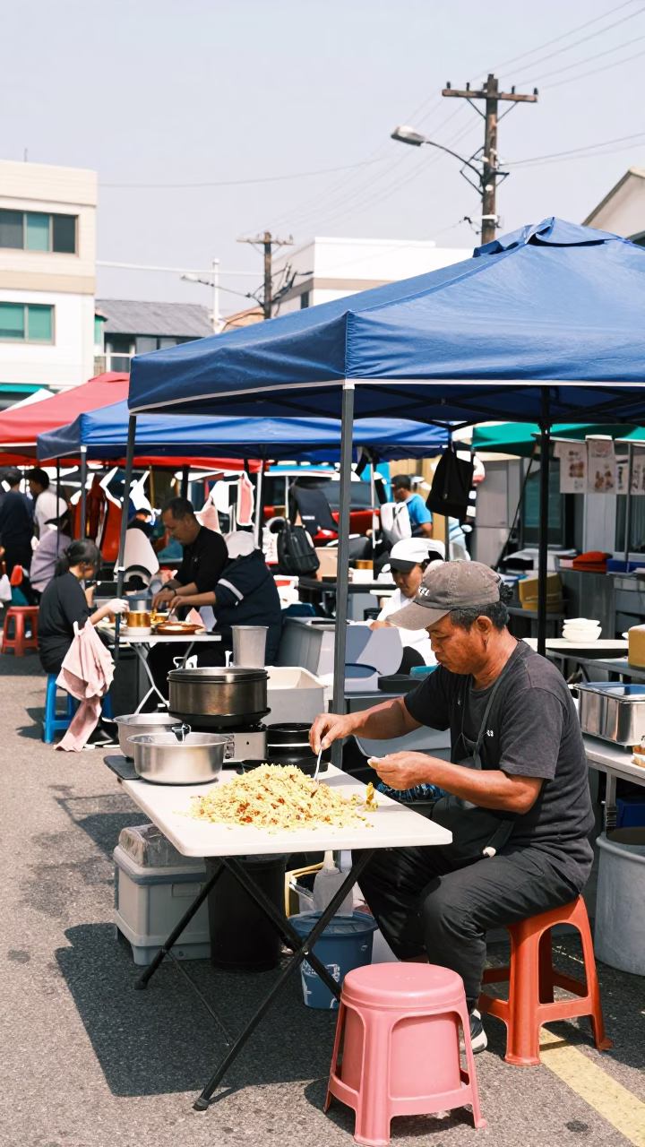 Busan street market noon with folding tables and nasi goreng plate in in Busan, South Korea