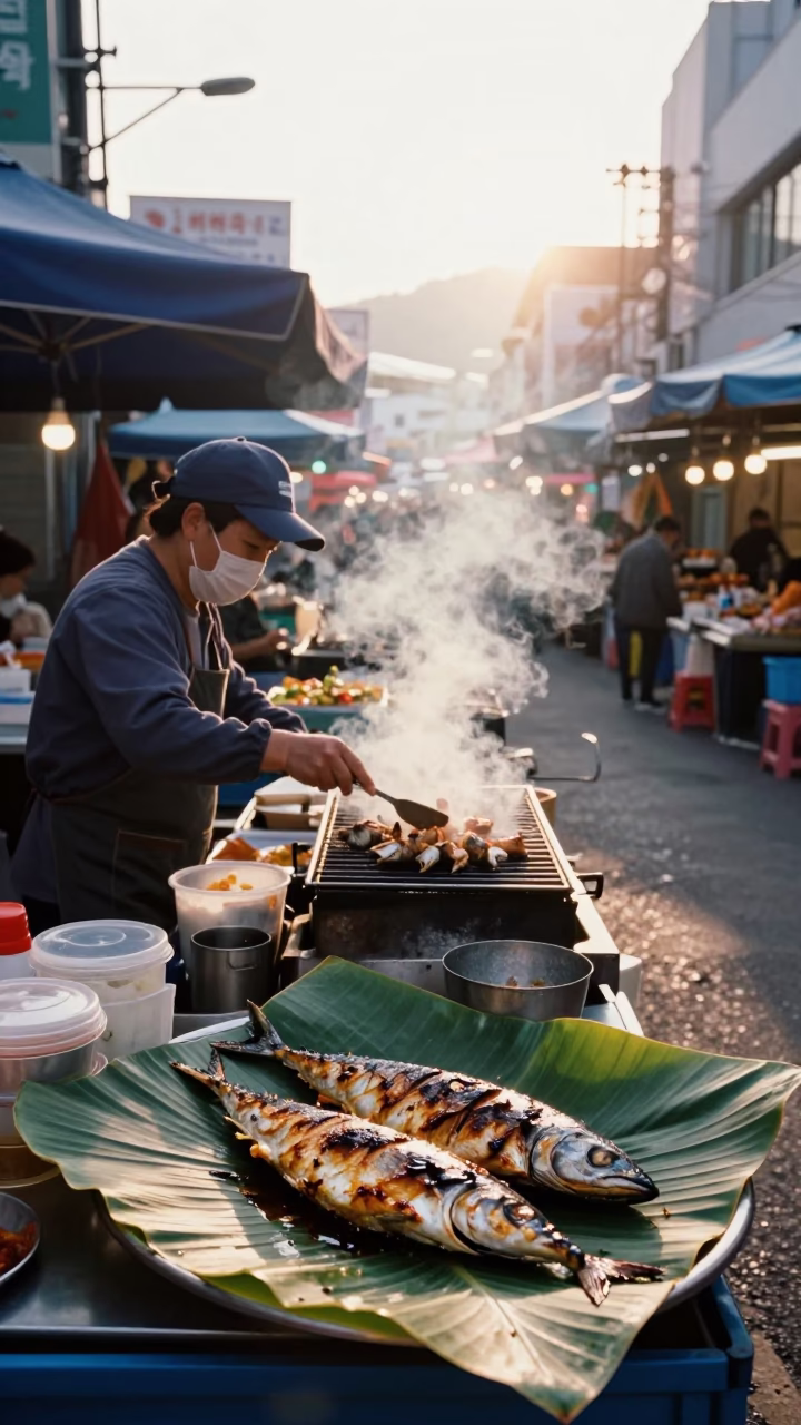 Busan Street Market Sunrise with Grilled Fish and Bibim Guksu in in Busan, South Korea