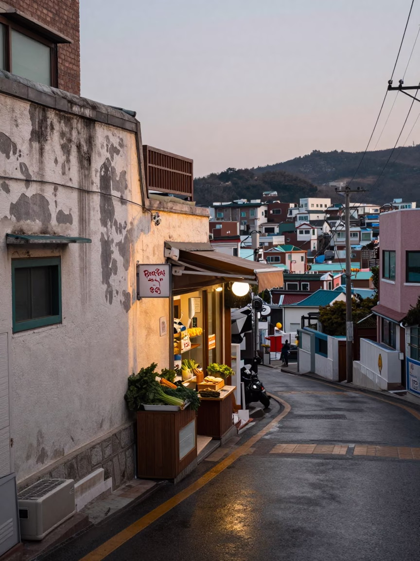Busan street scene at dawn with weathered plaster wall and local commerce in in Busan, South Korea