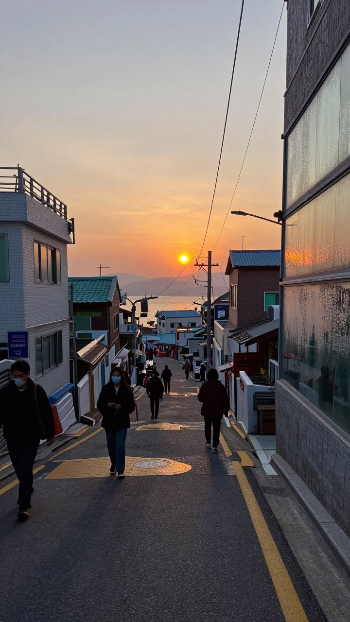 Busan Street Scene at Dusk with Condensation on Glass and Hydrangea Bush in in Busan, South Korea
