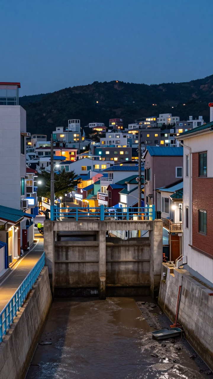 Busan Street Scene at Dusk with Dripping Sluice Gate and Canal Edge in in Busan, South Korea