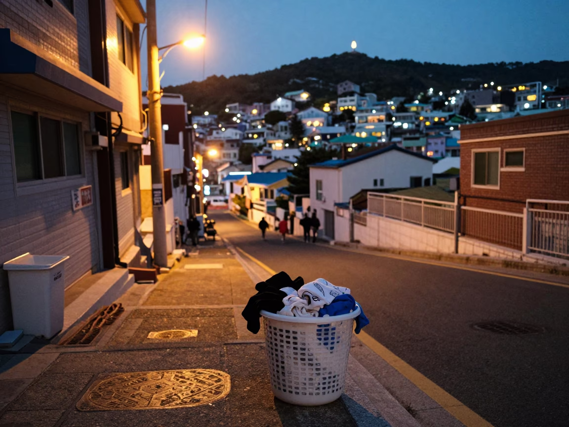 Busan Street Scene at Dusk with Laundry Basket and Glowing City Lights in in Busan, South Korea