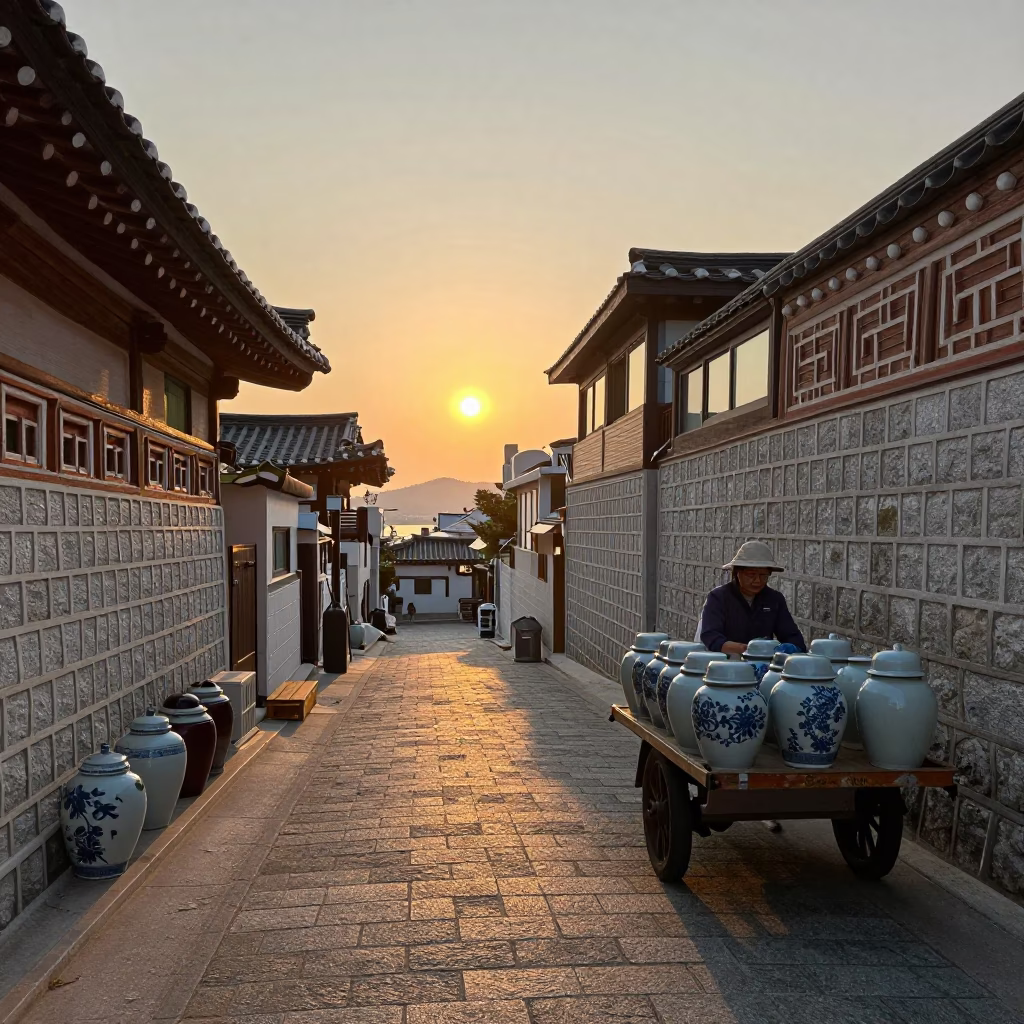 Busan street scene at dusk with porcelain jars and local market activity in in Busan, South Korea