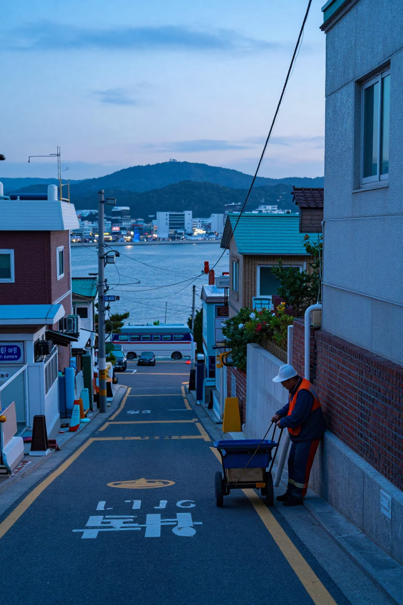 Busan Street Scene at Nautical Dawn with Rolling Carts and Mops in in Busan, South Korea