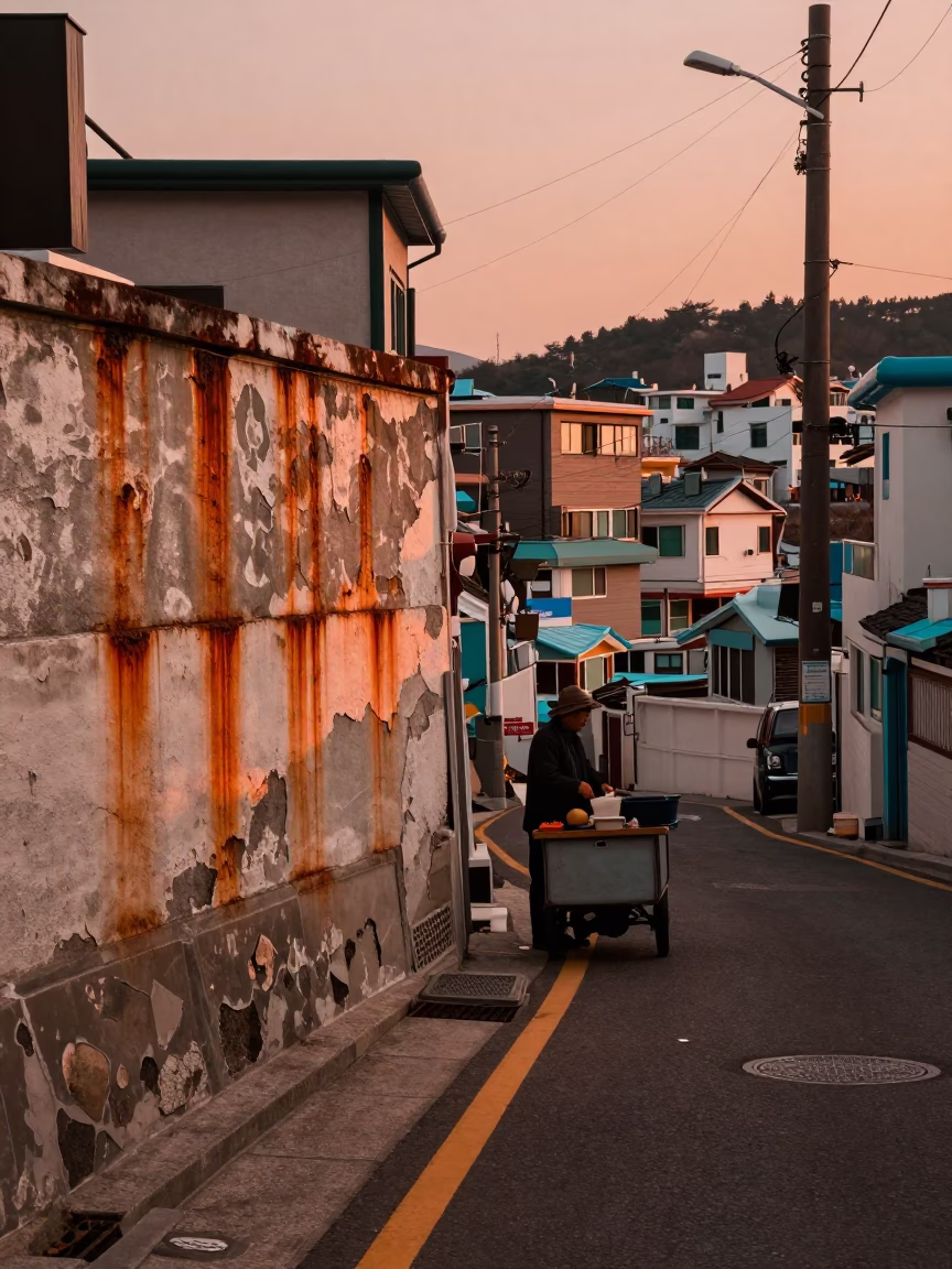 Busan Street Scene Before Dusk with Rusty Wall and Enamel Pitcher in in Busan, South Korea