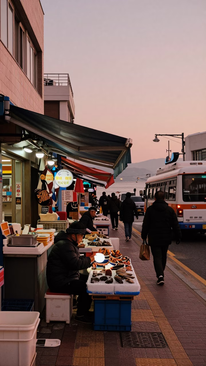 Busan Street Scene in Copper Dusk Light with Local Vendor and Pedestrians in in Busan, South Korea